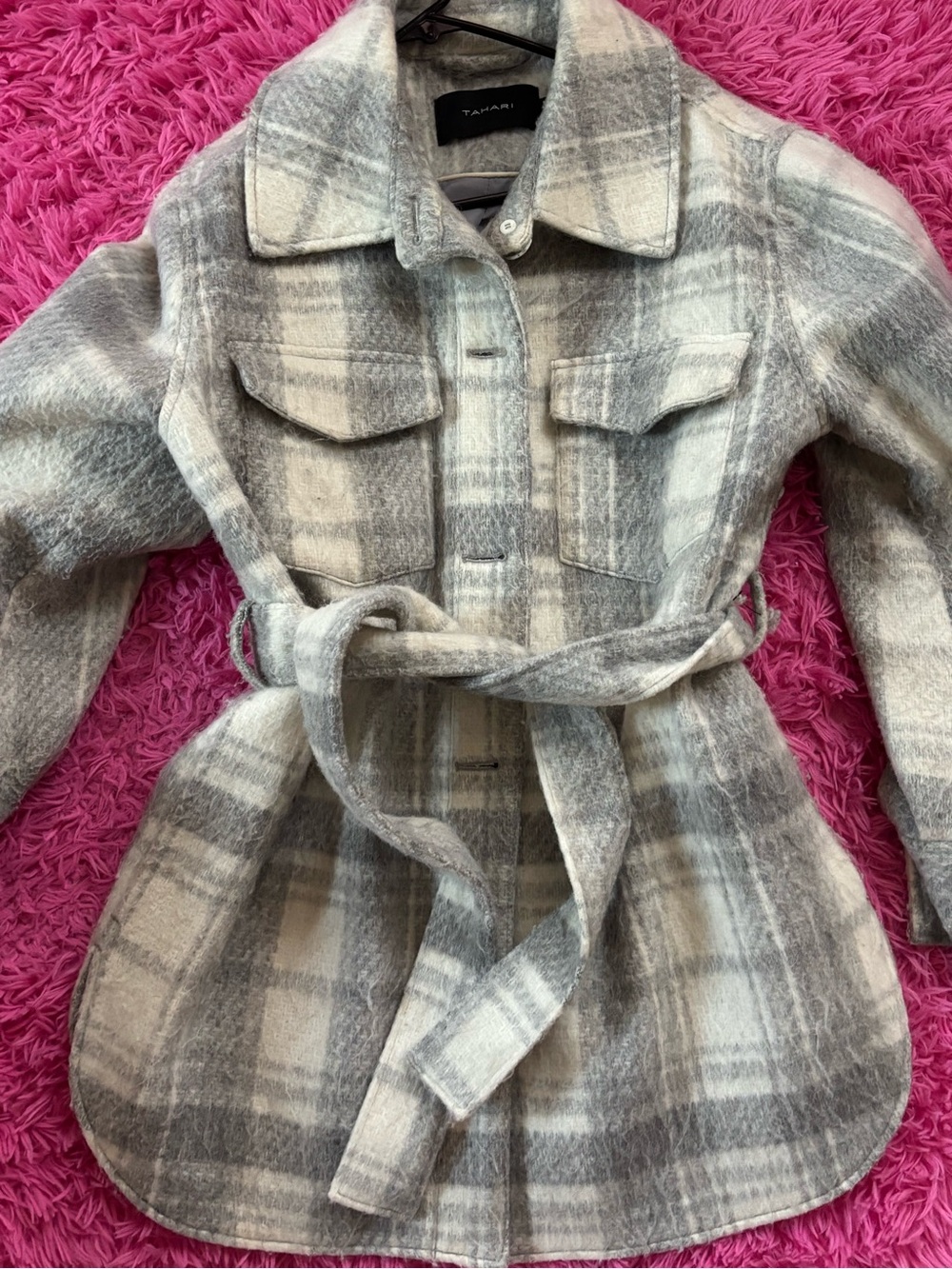 Tahari Gray Plaid Belted Shacket Jacket